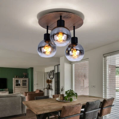 Plafonnier Lampe de Chambre Verre Optique Bois Rond 3 à Flammes E27 - Photo 1/4