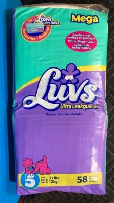 Pañales vintage Luvs con respaldo de plástico talla 5, Barney, mega paquete de 58, sellados Foto 1 de 4