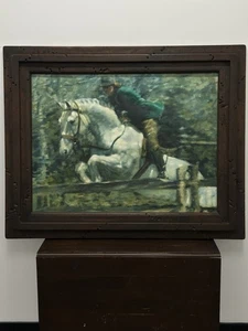 Vintage Ölgemälde Reiter Pferd Springszene - groß 51”x41” gerahmt - Bild 1 von 24