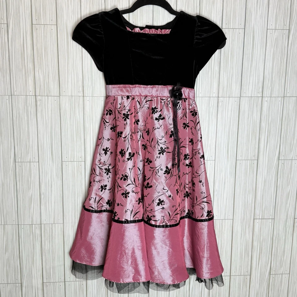 Jona Michelle Girls 6 Black Velvet Pink Floral Embroidered Holiday Party Dress - Image 1 of 4