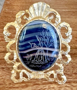 Vtg Carved Banded Agate in Ornate Filigree Gilt Metal Tabletop Picture Frame Art - Picture 1 of 14