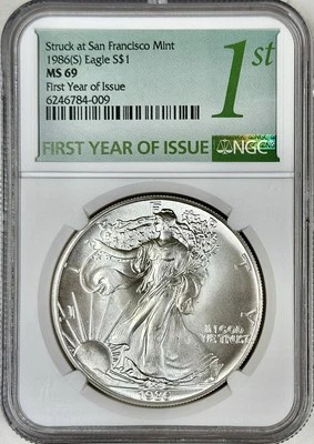1986 (S) NGC MS69 AMERICAN SILVER EAGLE FIRST YEAR OF ISSUE - Image 1 of 2