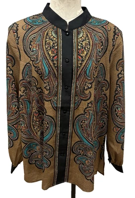 Blusa Bob Mackie Usable Arte Abotonada Paisley Marrón Negra Nueva Para Mujer XL Foto 1 de 4