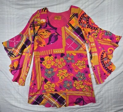 Voom By Joy Han Go Go Mini Dress Bell Sleeves Floral Art to Wear Hot Pink S - Image 1 of 4