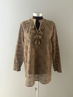 Top túnica Johnny Was Jade Vidya con ojales talla M marrón borla algodón seda transparente Foto 1 de 4