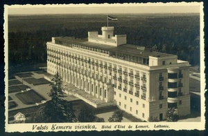 Latvia Kemmern RPPC Kemeri Hotel d'Etat aereal view from right 1935 Ķemeri flag - Picture 1 of 2