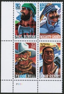 US USA Sc# 3086a MNH FVF PLATE # BLOCK Paul Bunyan Mighty Casey John Henry Pecos - Picture 1 of 1