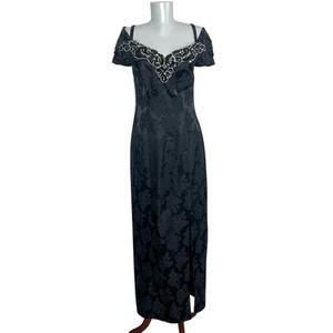 Maxi Vestido De Colección Jump Apparel Negro Brocado Vestido de Noche Lentejuelas Hombro Descubierto S/M - Imagen 1 de 12