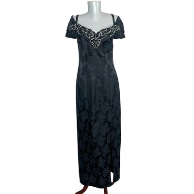 Vtg Jump Apparel Black Brocade Evening Gown Sequin Off Shoulder Maxi Dress S/M - Image 1 of 4