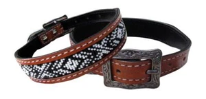 Collare per cane Showman Couture in vera pelle con intarsio perline bianco e nero Navajo - Foto 1 di 1