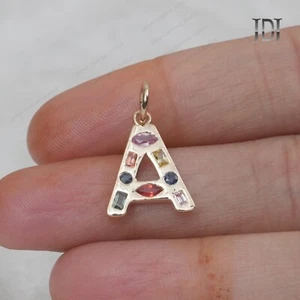 Solid 14k Yellow Gold A Initial Natural Multi Sapphire Gemstone Alphabet Pendant - Picture 1 of 12