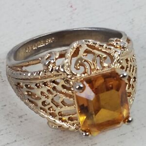 Vintage Estate 14K Gold Plated Ring Size 8 w/ Beveled Amber Yellow Stone Square