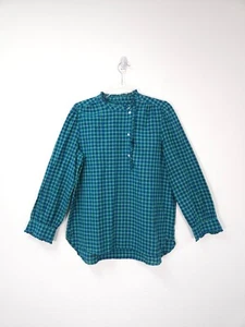 Toast Shirt Size 12 Green & Blue Kala Check Cotton Blouse Side Buttons High Neck - Picture 1 of 12