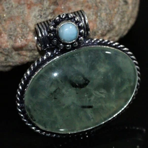 925 Silver Plated Moss Prehnite Larimar Ethnic Pendant Jewelry Size 1.1" AU d595 - Picture 1 of 3