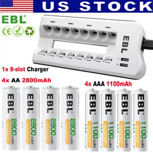 EBL AA 2800mAh (4 Pcs) & AAA 1100mAh (4Pcs) Rechargeable Batteries+8 Bay Charger - Picture 1 of 13