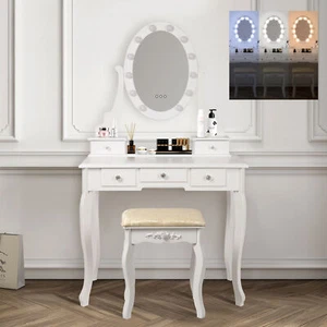 Tocador mesa maquillaje cajónes cosméticos clásico LED con espejo y taburete - Imagen 1 de 8