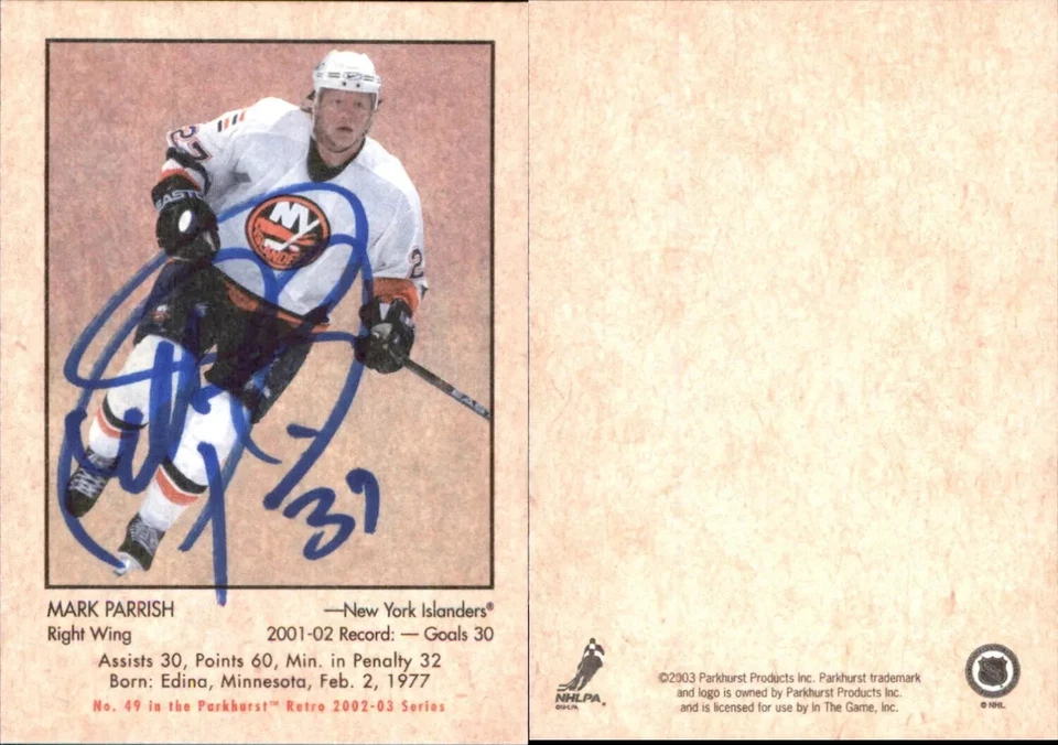 Mark Parrish Signed 2002-03 Parkhurst Retro #49 Card New York Islanders Auto AU - Image 1 of 1