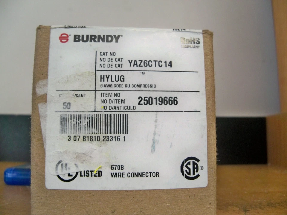 NEW 50 PACK BURNDY YAZ6CTC14 One Hole Compression Copper Crimp HyLug 6 awg 1/4" - Image 1 of 1