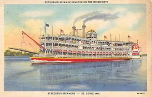 Postal MO: Excursion Steamer Senator on the Mississippi, lino vintage años 40 - Imagen 1 de 2