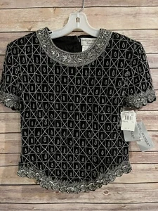 Papell Boutique Women’s Evening Blouse Med Black Beaded Short Sleeve Blouse NWT - Picture 1 of 16