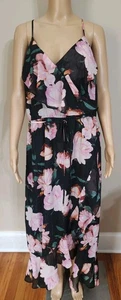 Jennifer Lopez Maxikleid Größe 16 Rüschen Blumen rosa schwarz tropisch Neckholder  - Bild 1 von 8