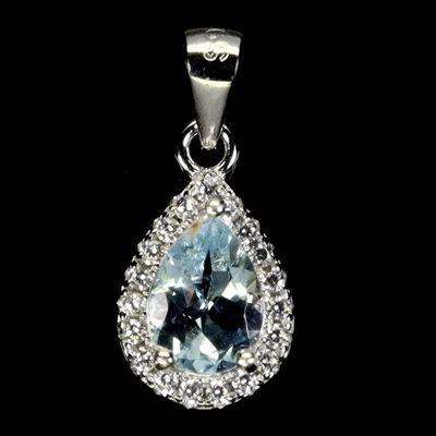 925 Sterling Silver Pendant Pear Aquamarine 7x5mm Natural Gemstone Jewelry - Image 1 of 4