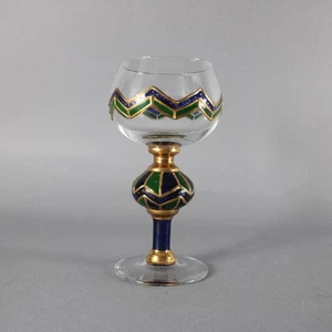 Bohemian Wine Glass Blue Green Gold Painted 6.25" Wine Glass - Picture 1 of 12