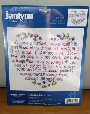 NEW JANLYNN 2004 STAMPED Cross Stitch Kit "LOVE IS PATIENT" #187-0301 12" x 10" - Изображение 1 из 4
