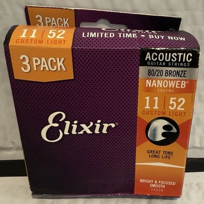 *3 SET CORDE CHITARRA ACUSTICA ELIXIR 16538 NANOWEB LIGHT 11-52 80/20 BRONZO - Immagine 1 di 2