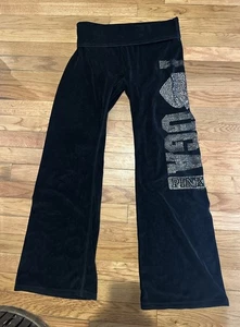 Vintage Y2K Victoria’s Secret Pink Black Velour Flare Pants UGA Collegiate XS - Bild 1 von 8