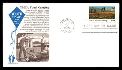 Mayfairstamps US FDC 1985 YMCA Youth Camping Boy Chopping Tree First Day Cover a - Image 1 of 2