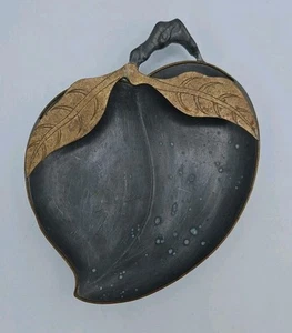 Pewter Divided Trinket Dish Peach Shape W/ Brass Leaves Hong Kong 5.75” x 4.25” - Picture 1 of 3