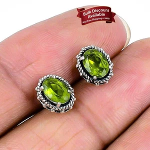 August Birth Peridot Faceted Stone 925 Solid Silver Stud Ethnic Earrings Jewelry - Picture 1 of 7