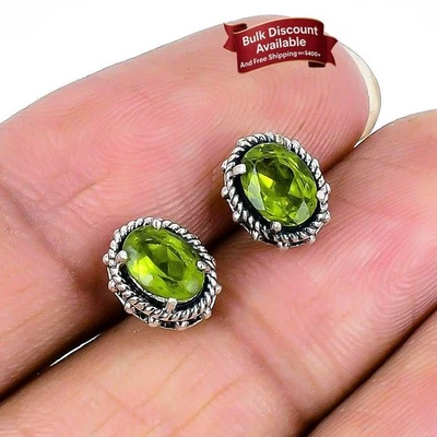 August Birth Peridot Faceted Stone 925 Solid Silver Stud Ethnic Earrings Jewelry - Image 1 of 4