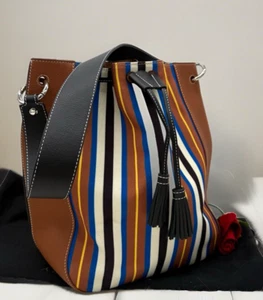AUTÉNTICO NUEVO CON ETIQUETAS $675 Bolso Cubo Strathberry Collagerie Grande Bolo Rayas Lona Cuero - Imagen 1 de 18