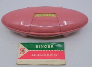 VINTAGE SINGER BUTTONHOLER IN PINK CLAMSHELL CASE w 4 TEMPLATES, INSTRUCTIONS - Picture 1 of 8