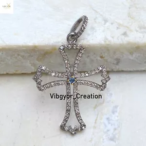 Natural Pave Diamond Religious Cross Pendant 925 Solid Silver Holy Cross Charm - Picture 1 of 3