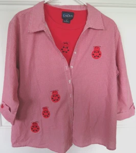 Las Olas Womens 2-Pc Tank Shirt Set Size XL Lady Bug Red Check 3/4 Sleeve - Picture 1 of 14