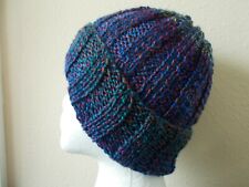 Hand knitted elegant & warm beanie/hat, gradient blue metallic tones