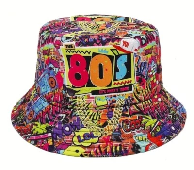 Unisex 80s Graffiti Oldschool Party Reversible Bucket Hat NEW — 第 1/4 张图片