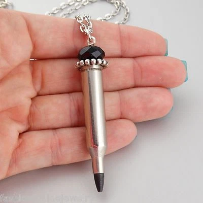 .17 Remington Nickel Bullet Necklace - Jet Stone Top - 28" Silver Chain  - Image 1 of 4
