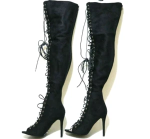 Size 10 Womens Black + Stretch & Open Toe Lace Up+Zip Thigh High Stiletto Boots - Picture 1 of 12