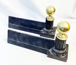 Antique Brass & Iron Cannonball Fireplace Andiron Set Of 2 Ball Top 12.5” - Picture 1 of 5