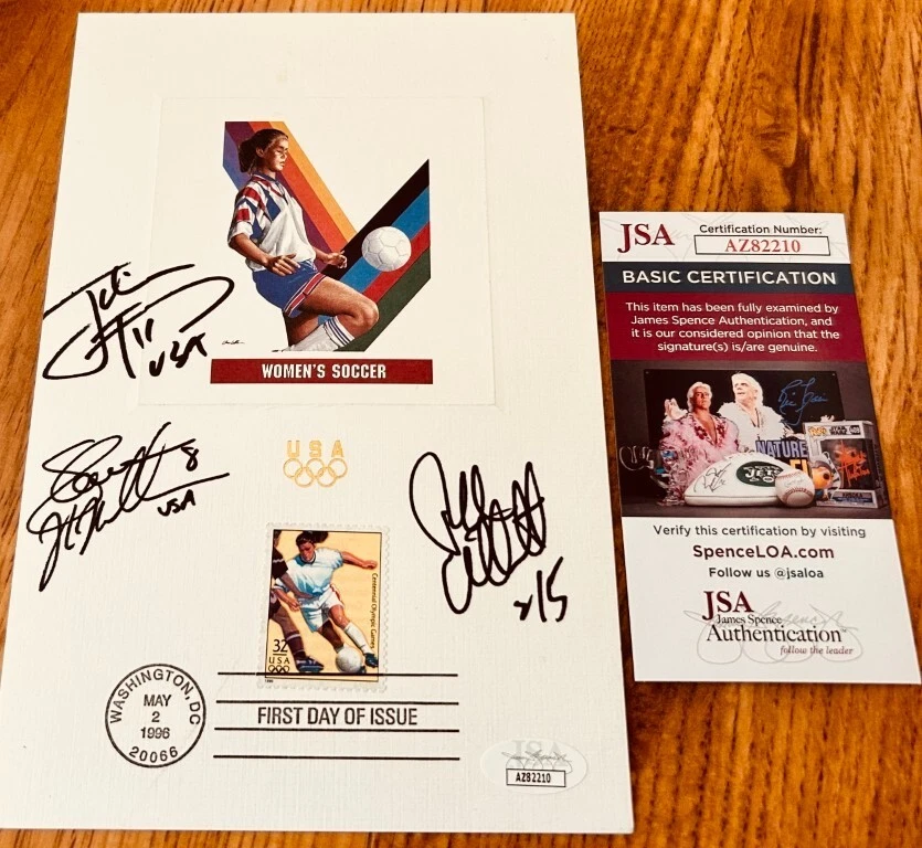 Julie Foudy Shannon MacMillan Tiffeny Milbrett signed 1996 US Soccer sheet (JSA) - Image 1 of 1