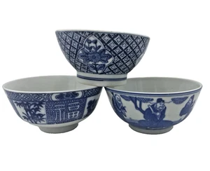 Set of 3 Antique Japanese Chinese Asian Blue & White Rice Bowls - Picture 1 of 16