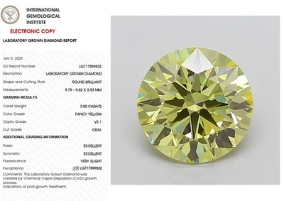 3.50 Round Lab Grown Diamond For Chirstmas Gift IGI Certify Fancy Yellow VS1 - Image 1 of 4