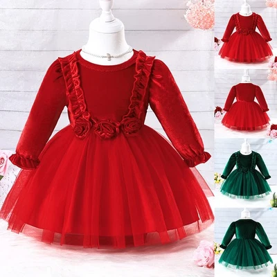 Christmas Velvet Flower Baby Girls Lace Tutu Princess Dress Xmas Kids Clothes - Image 1 of 4