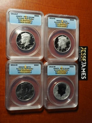 2014 W REVERSE PROOF SILVER KENNEDY ANACS PR70 SP70 50TH ANNIVERSARY 4 COIN SET - Image 1 of 4