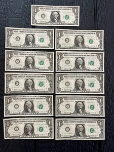Lot Of 11 Sequential 1969 One Dollar Bills Notes $1 About Uncirculated (AU) - Picture 1 of 18