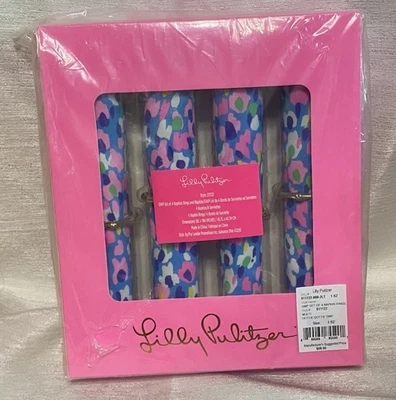 NEW Lilly Pulitzer Napkins & Rings Set of 4 Hottie Dottie GWP Blue & Pink - Изображение 1 из 4